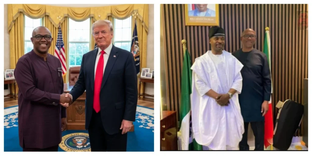 Peter Obi Says Viral Photos of him with Trump, MC Oluomo Are Fake